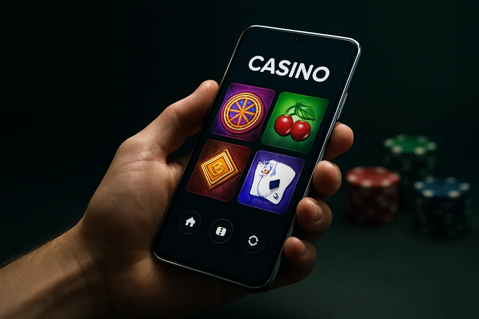 Flagship Android smartphone showing vivid casino app interface in dramatic lighting