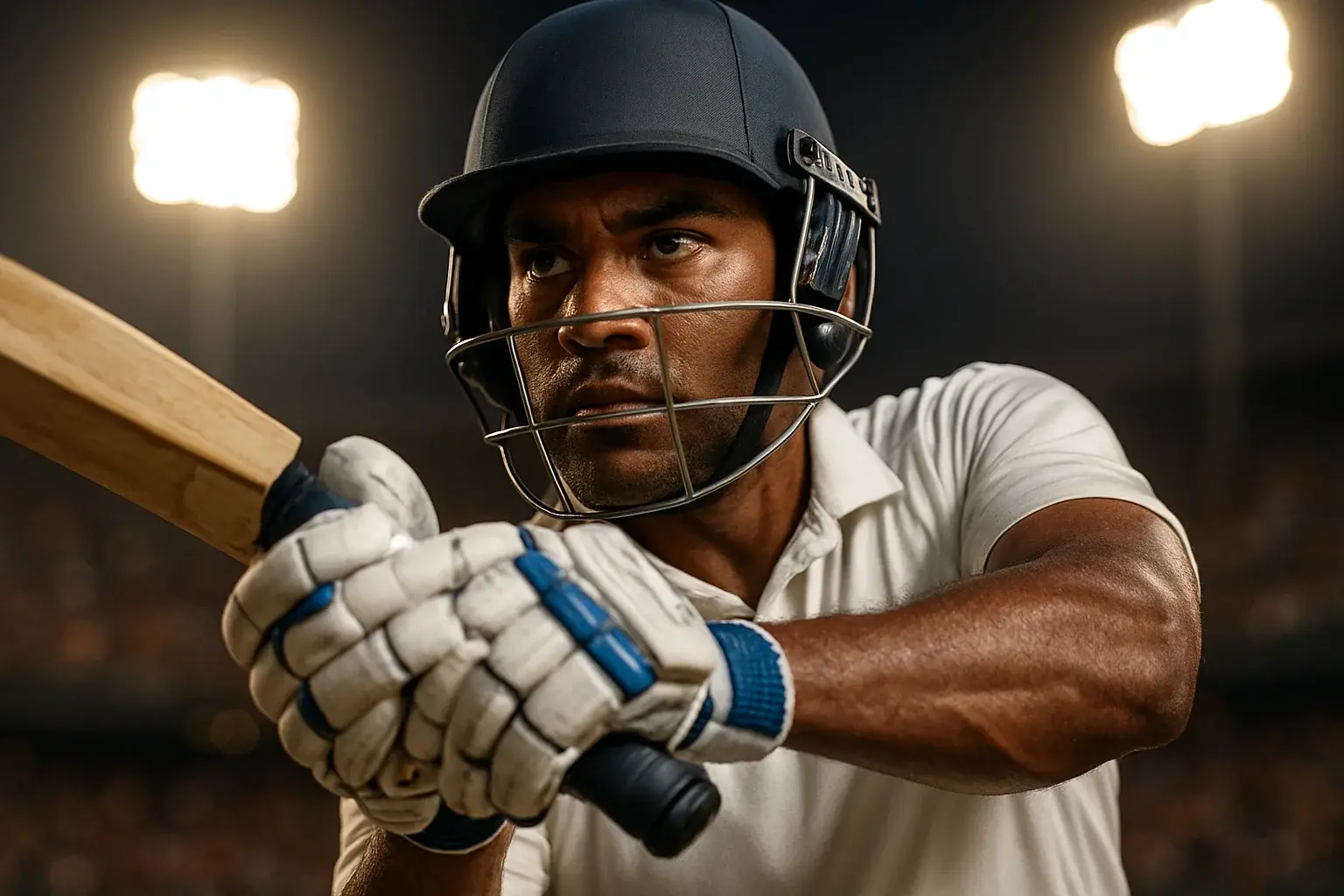 Bangladeshi male cricket batsman mid-swing under dramatic stadium floodlights