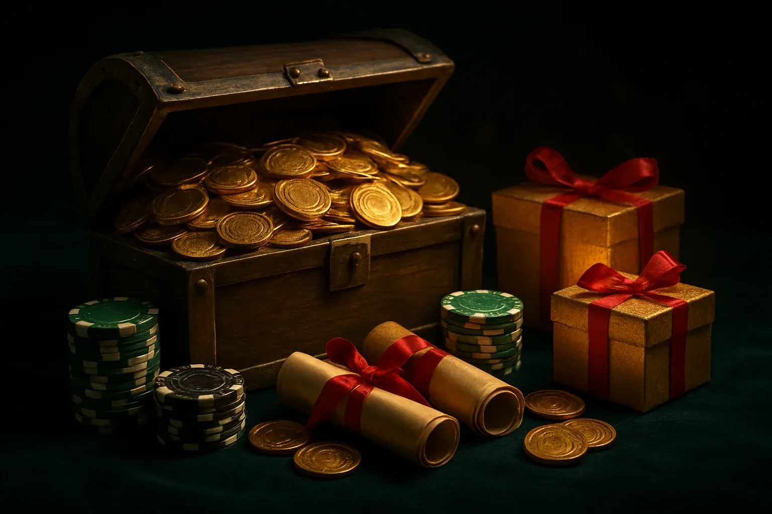 Overflowing treasure chest with coins, casino chips, vouchers, and gift boxes