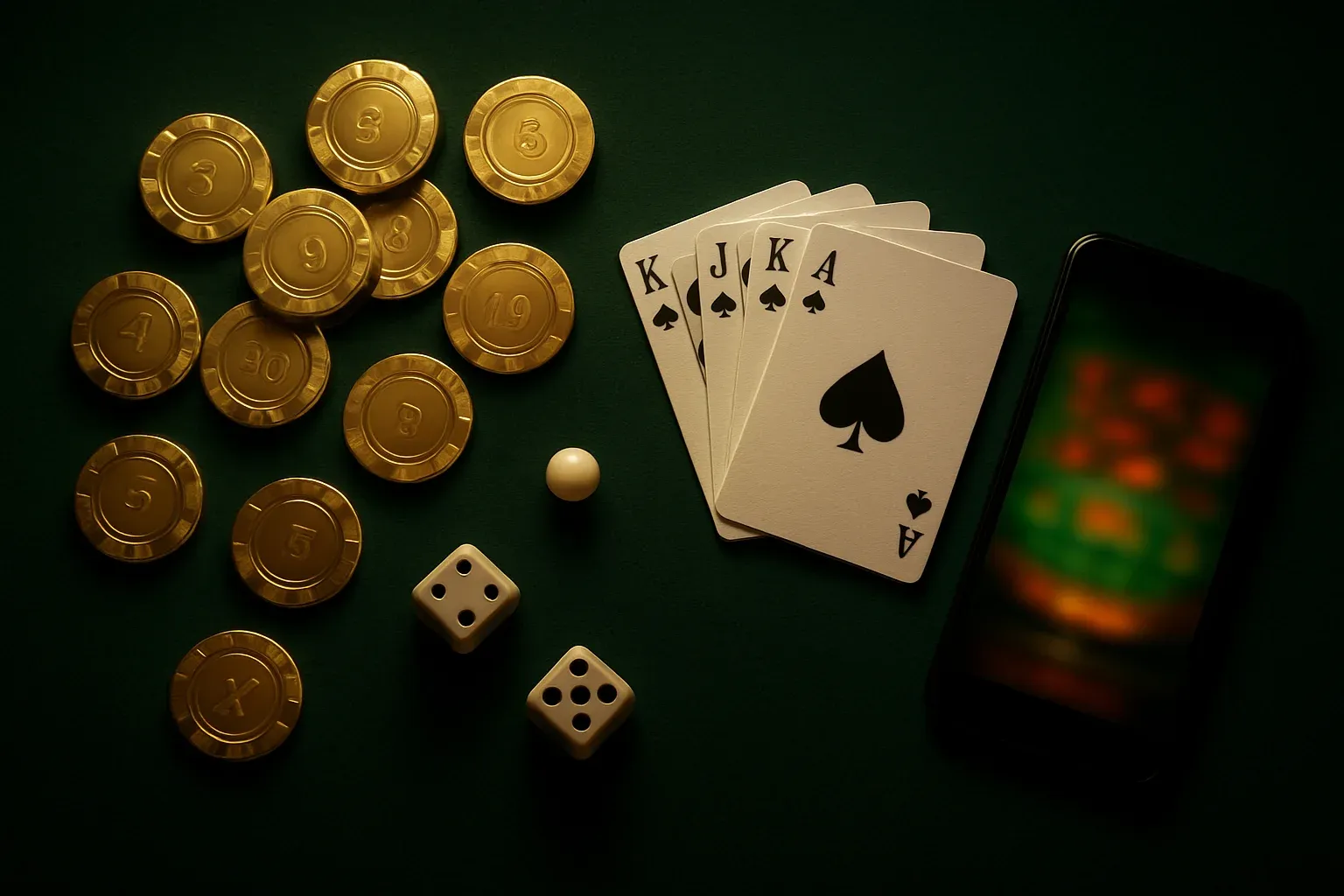 Top-down casino table with gold chips, cards, dice, roulette ball, smartphone