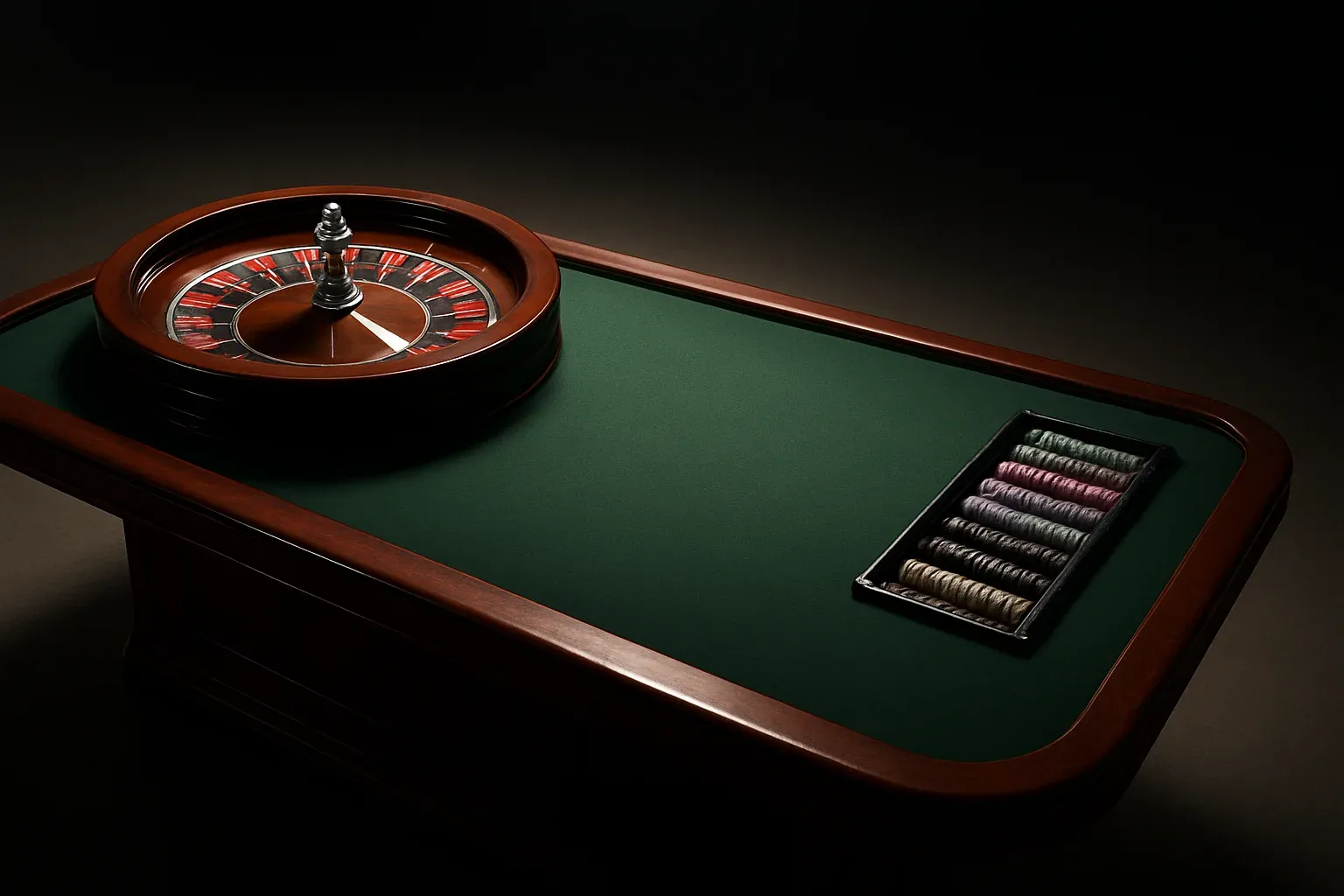 Hyperrealistic live casino studio with empty roulette table and dramatic lighting