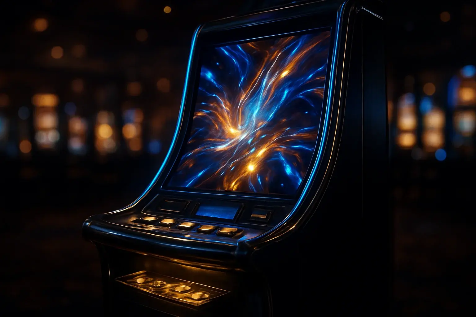 Hyperrealistic premium slot machine glowing in dark luxury casino floor